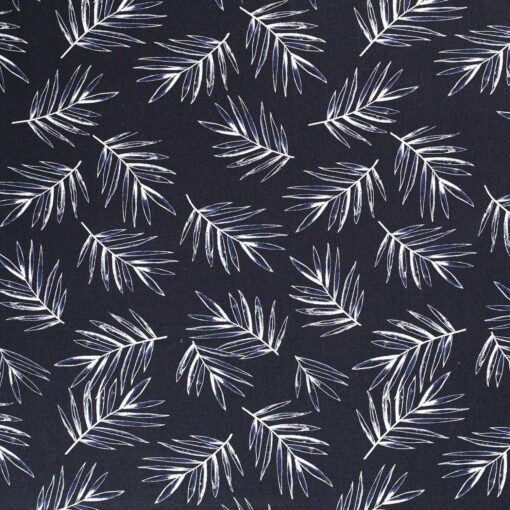 Tissu demi lin imprimé feuilles marine - Van Mook Stoffen