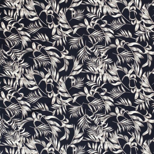 Tissu en mélange de polyester imprimé feuilles bleu marine - Van Mook Stoffen