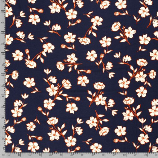 Tissu polyester mix imprimé fleurs marine - Van Mook Stoffen
